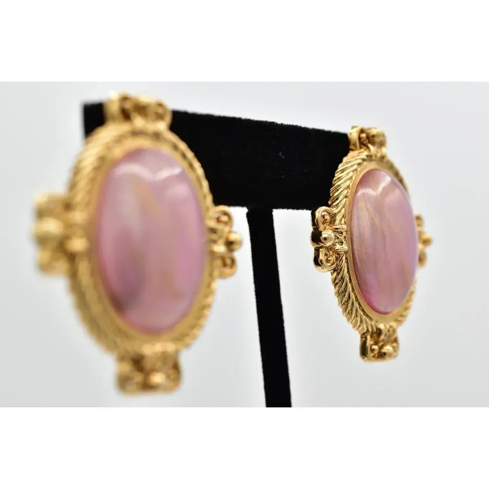 1928 Vintage Cabochon Clip On Earrings Mauve Oval Gold Heavy Chunky 1980s BinBB